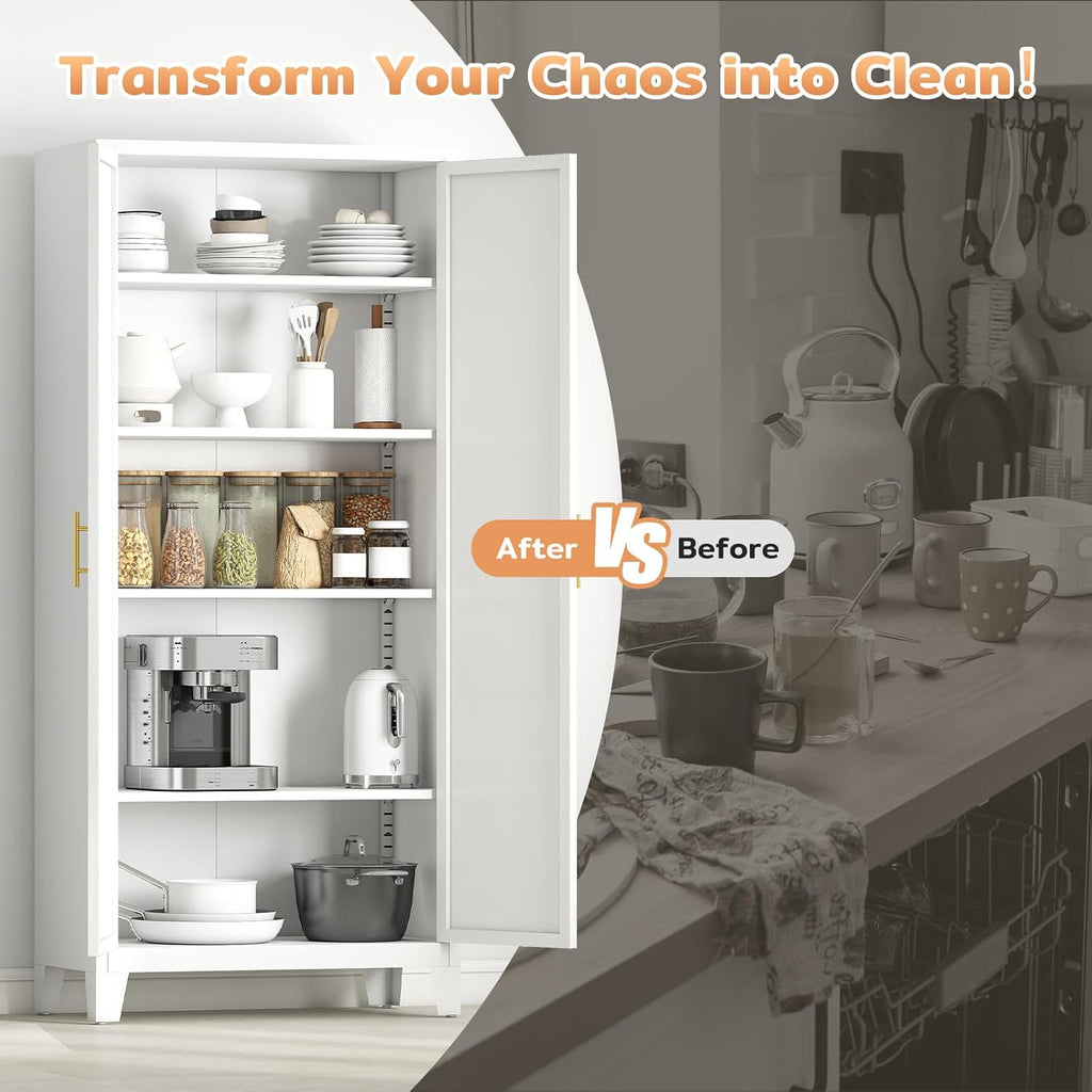 Zevemomo 71' Metal Pantry Cabinet with 4 Adjustable Shelves and 2 Doors, Freestanding Kitchen Storage Cabinet, Tall Steel Cupboard for Kitchen, Pantry, Dining Room, Living Room, Office, White
