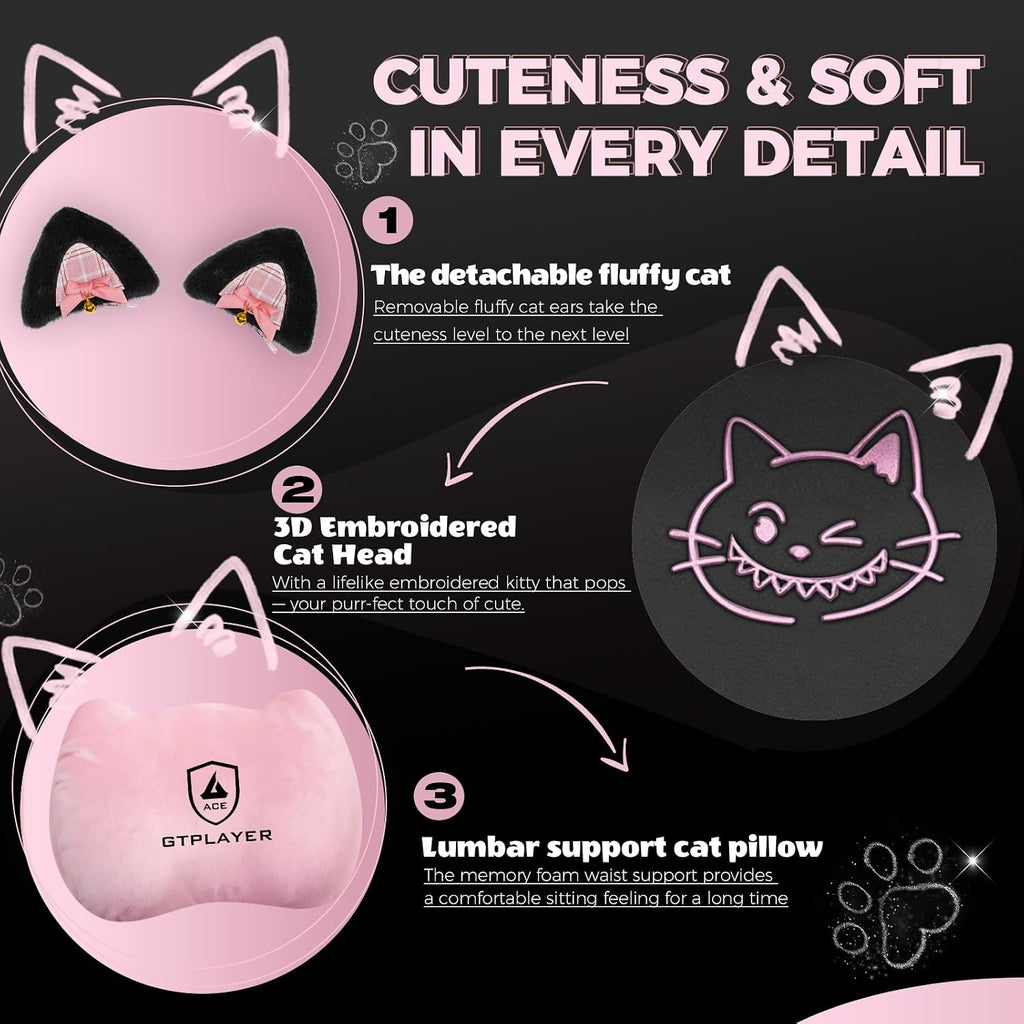 GTPOFFICE Cute Gaming Chair with Cat Ears,Ergonomic Computer Chair with Footrest Cat Paw Lumbar Support Comfortable Reclining Game Chair Desk Chair for Adult Teens, Soft Fabric, Pink Black