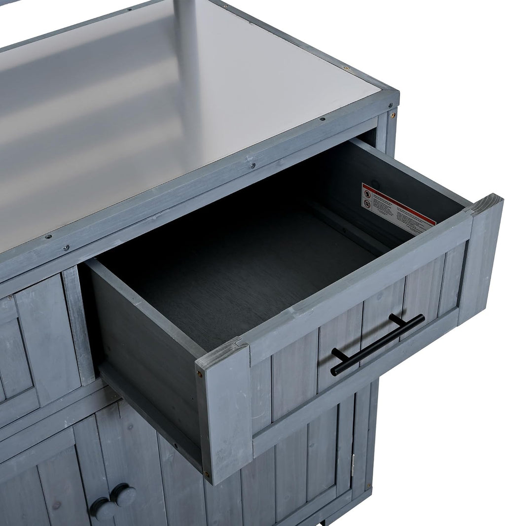 64.9'' H Large Patio Kitchen Island Solid Wood Kitchen Cart, Grill Prep BBQ Table, Garden Potting Bench with Stainless Table Top, 3 Movable Shelves and 2 Drawers (Gray-64.9'')