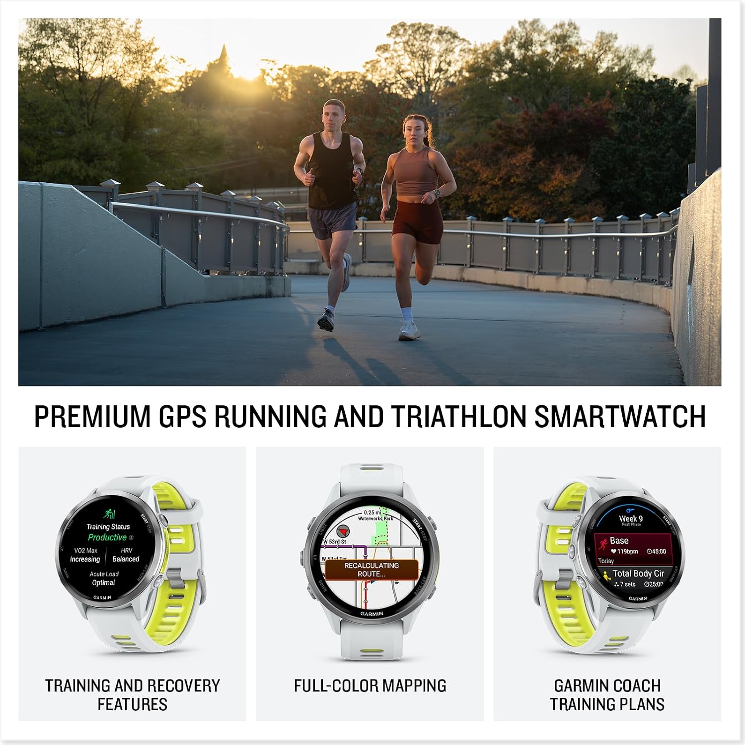 Garmin Forerunner 970 GPS Running Smartwatch, Whitestone | Premium Training & Recovery, Sleep Coach, Heart Rate, Download Music, Up to 15 Day Battery | Signature Series Charging Stand Bundle