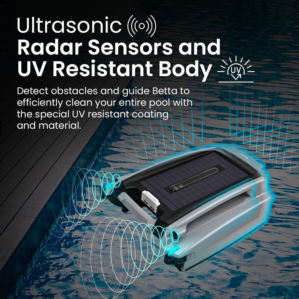 Betta SE Plus - Solar-Powered Robotic Pool Skimmer with 24/7 Continuous Cleaning Power, Dual Charging Options, Twin Salt Chlorine Tolerant Motors, and Shallow Water Safeguard