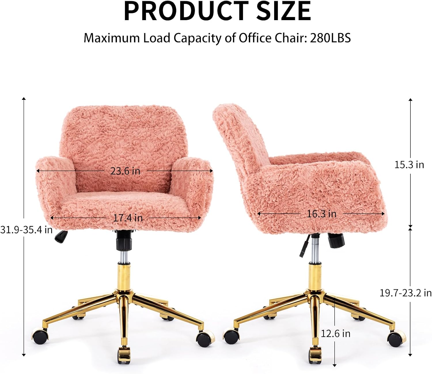 Shenyon Pink Desk Chair Faux Fur Vanity Chair, Comfortable Home Office Chair with Wheels for Women, Swivel Wide Office Chair Makeup Chair Height Adjustable for Office, Study, Bedroom, Pink