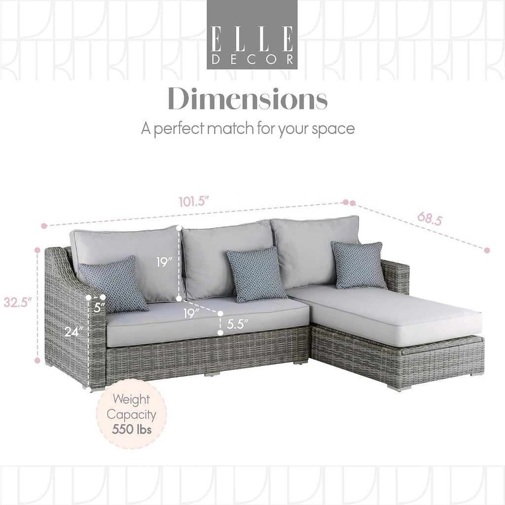 Elle Decor Vallauris Patio Outdoor Furniture Collection, Premium All Weather Wicker, Storage Sectional, Gray