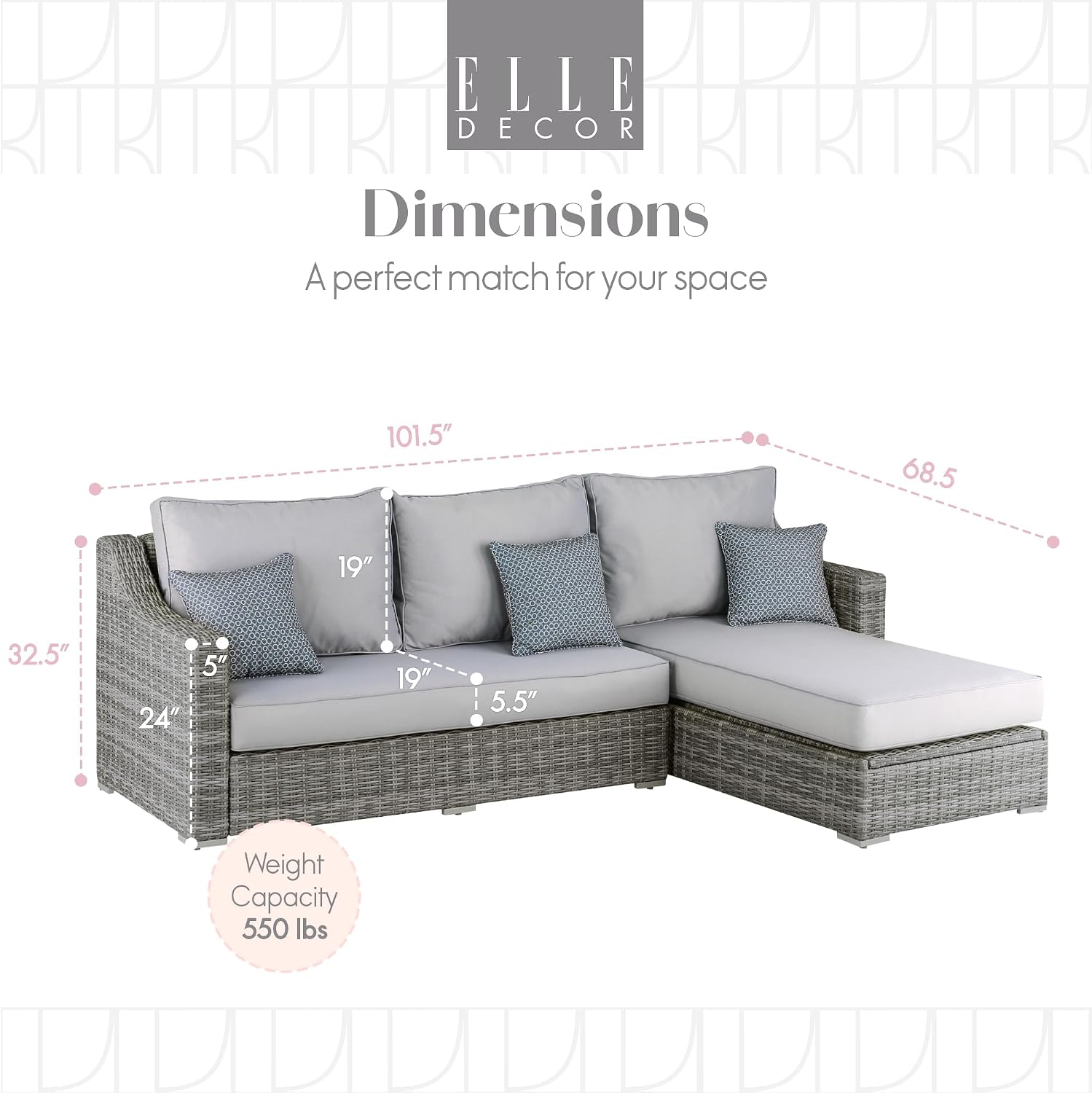 Elle Decor Vallauris Patio Outdoor Furniture Collection, Premium All Weather Wicker, Storage Sectional, Gray
