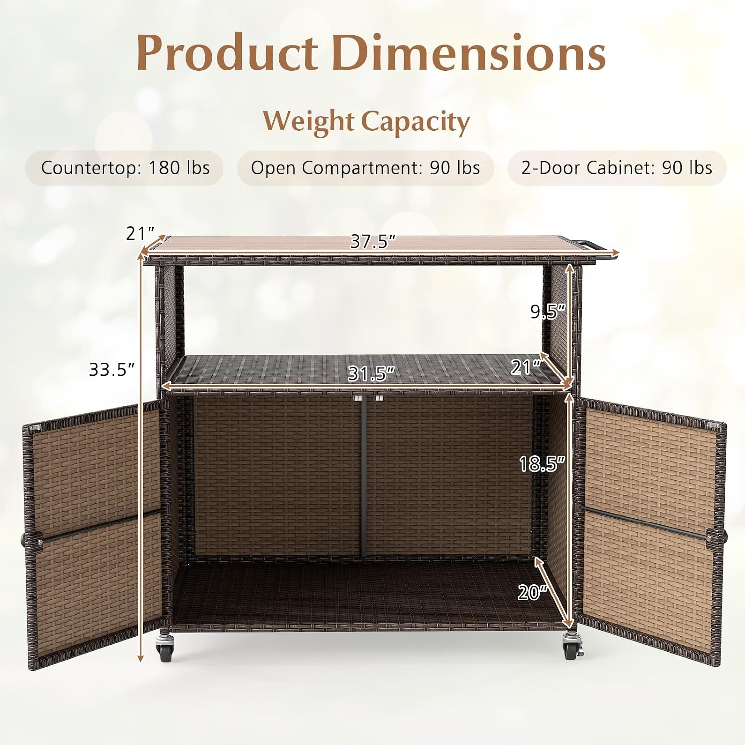HAPPYGRILL Outdoor Storage Cabinet with Wheels, PE Rattan Patio Buffet Sideboard Bar Cart for Garden, Backyard & Poolside