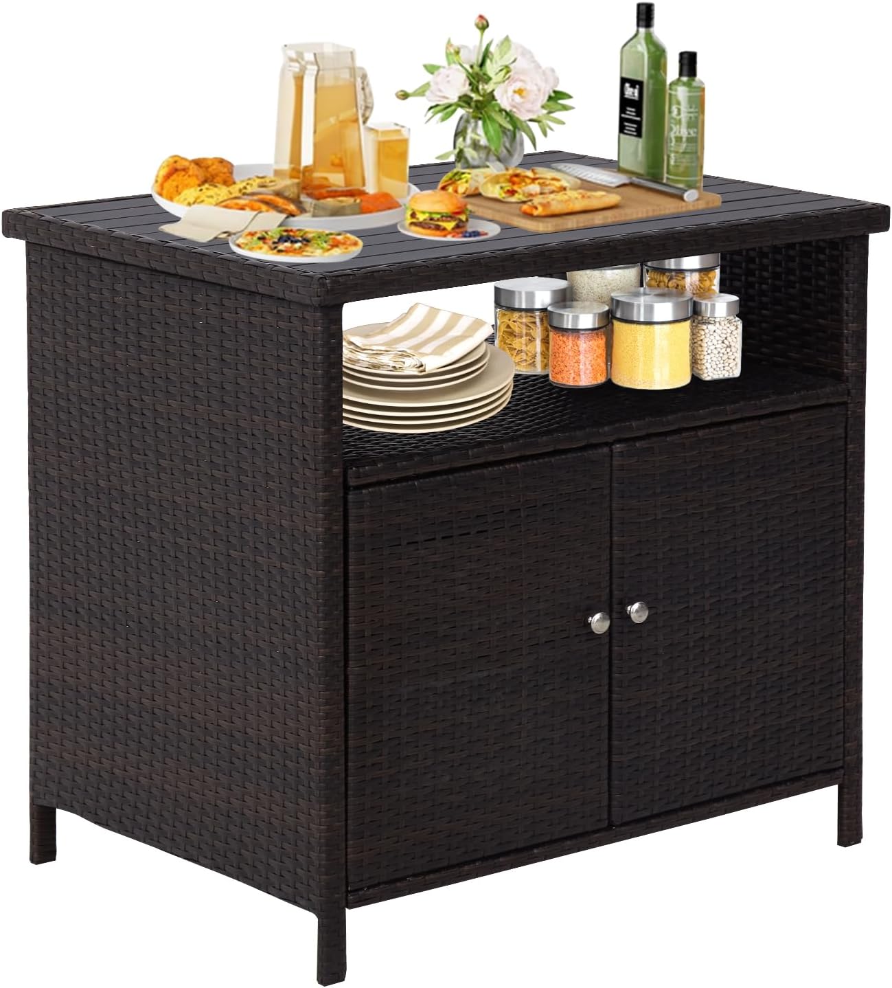 KINTNESS Patio Bar Table with Two Doors and Shelves, Outdoor Wicker Storage Cabinet, Console Table Dining Table with Aluminum Tabletop for Patio Island Home Party Bar (Brown)