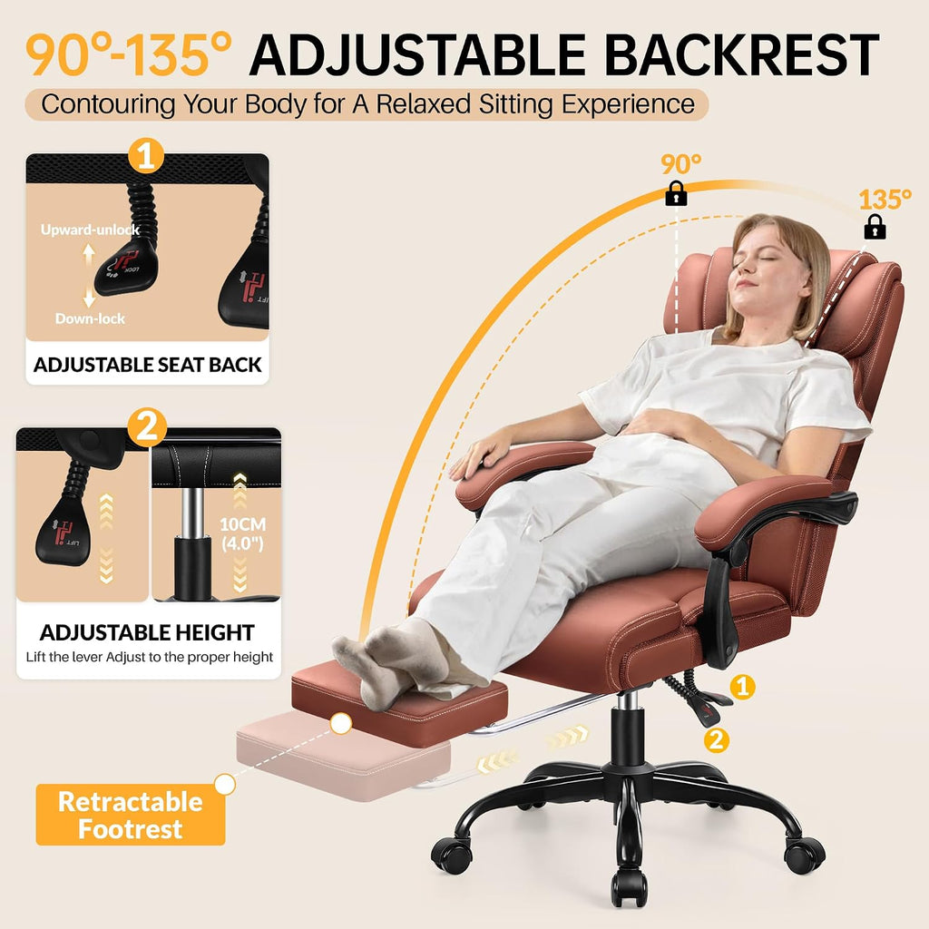 HeroSet Big and Tall Office Chair with Foot Rest, 400lbs Ergonomic Reclining High Back Executive Leather Chair, Lumbar Support Swivel Computer Desk Chairs for Heavy People Home Office Gaming(Brown)