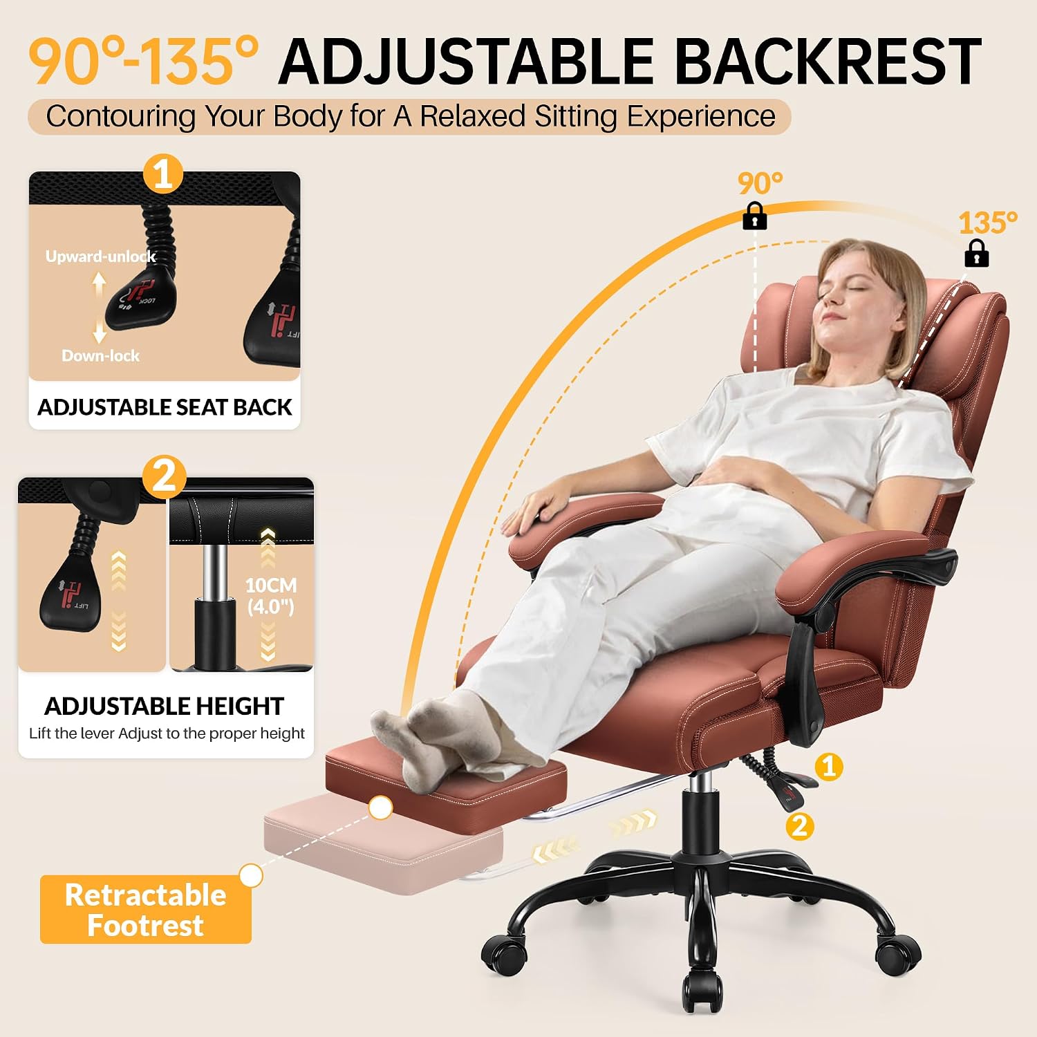 HeroSet Big and Tall Office Chair with Foot Rest, 400lbs Ergonomic Reclining High Back Executive Leather Chair, Lumbar Support Swivel Computer Desk Chairs for Heavy People Home Office Gaming(Brown)