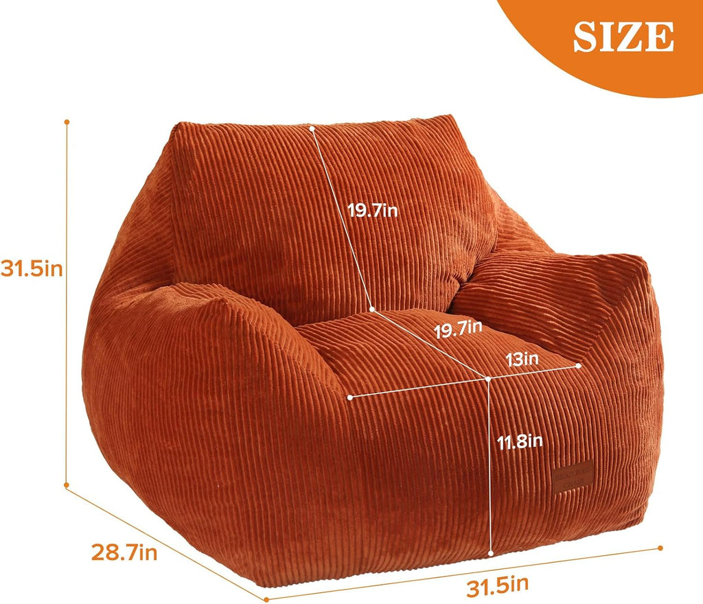 Big Bean Bag Chair for Adults, Ultra Soft Living Room Bean Bag with Armrests, Stuffed BeanBag Chair for Napping, Gaming, Vacuum-Compressed for Easy Gifting, 48 Hours to Fluffs Up, Orange