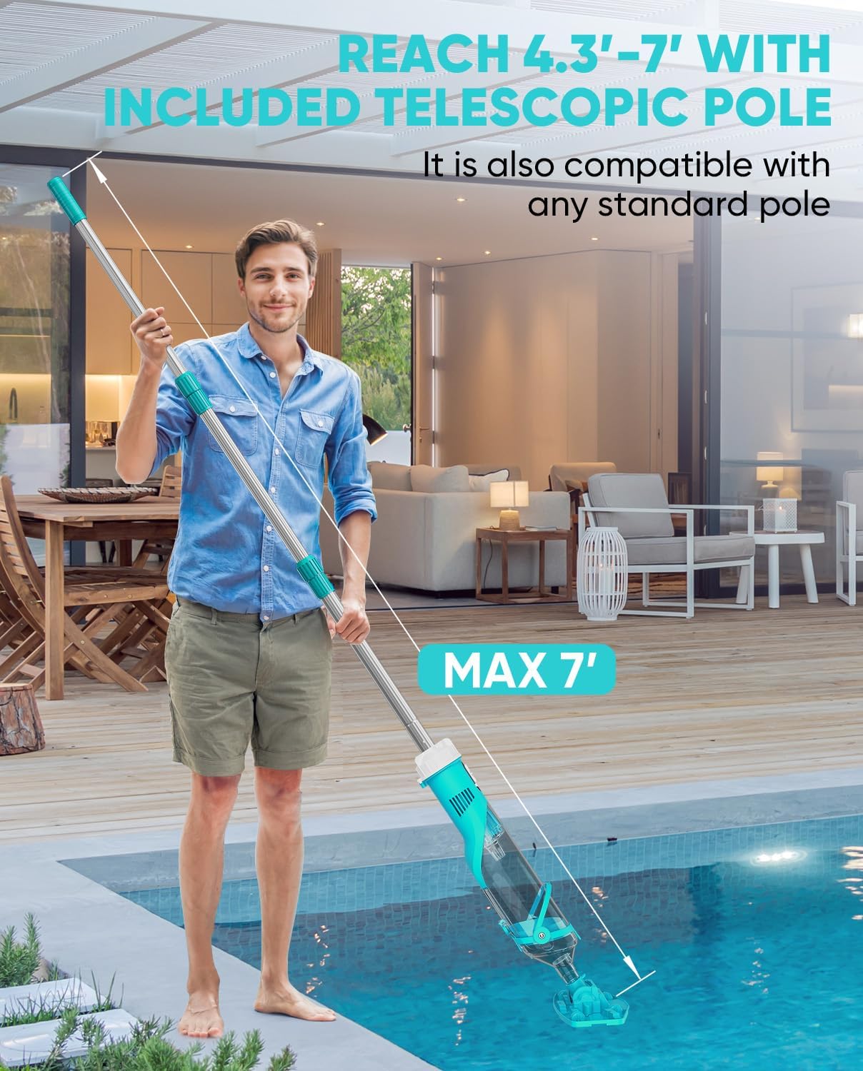 Cordless Pool Vacuum with Telescopic Pole, 18.5 GPM Powerful Suction, 1.5H Supercharge Technology, Handheld Pool Vacuum Cleaner for Above Ground/Inground Pools, Hot Tubs, Green