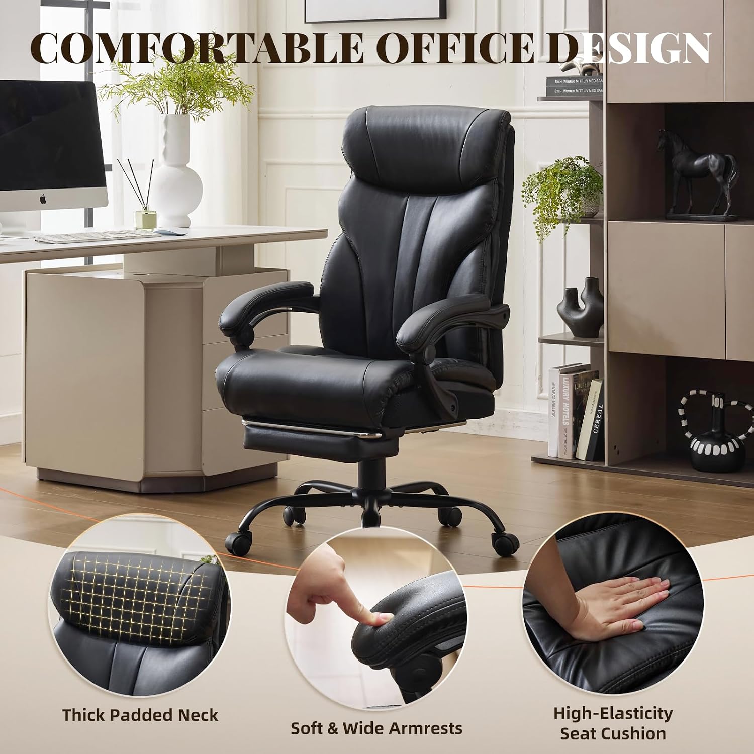 Comfortable Office Desk Chair 500 LBS, Big and Tall Office Chairs with Footrest,90-155°Recline Executive Leather Gaming Chair for Heavy People, Long Hours,Black