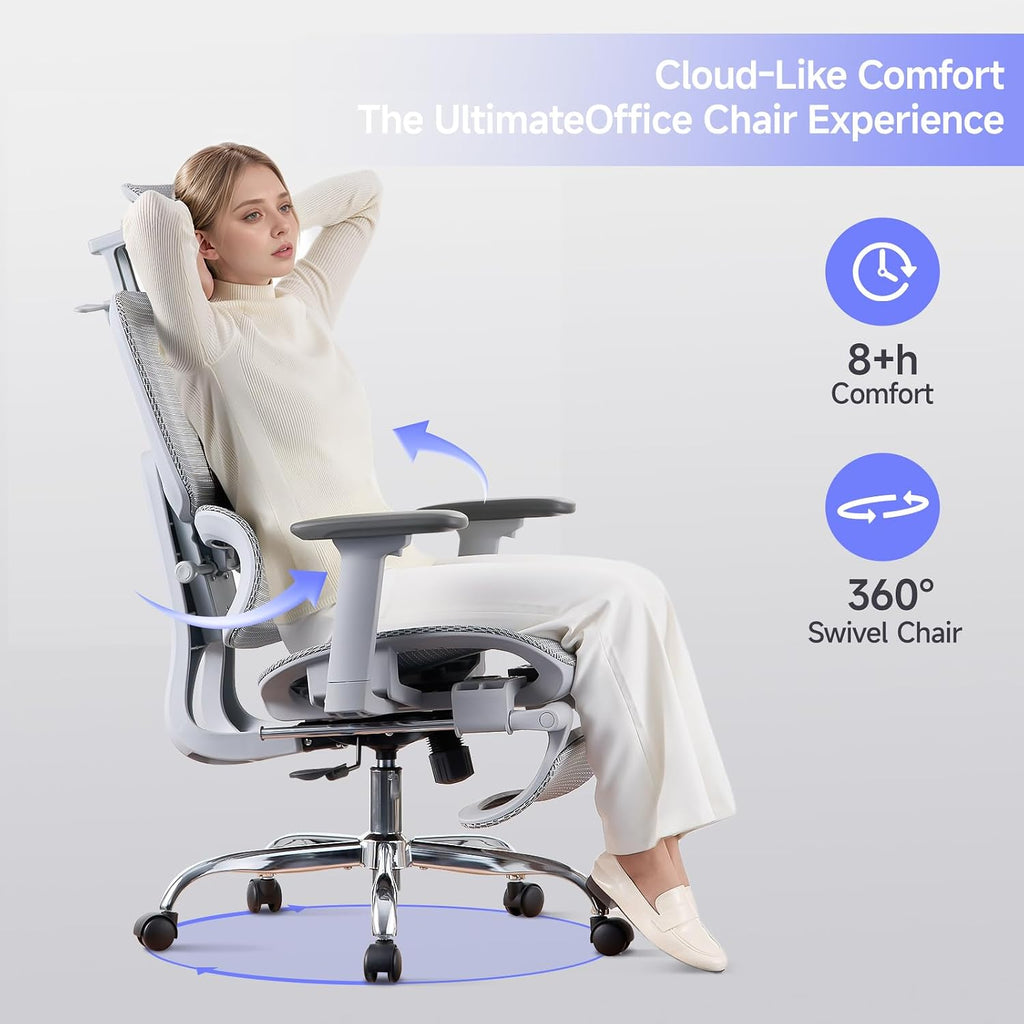 Office Chair with Footrest, Ergonomic Chair with 3D Headrest, Computer Chair with Adjustable Backrest & 3D Armrest, Gaming Chair with Adaptive Lumbar Support, Mesh Backrest & Cushion, Grey
