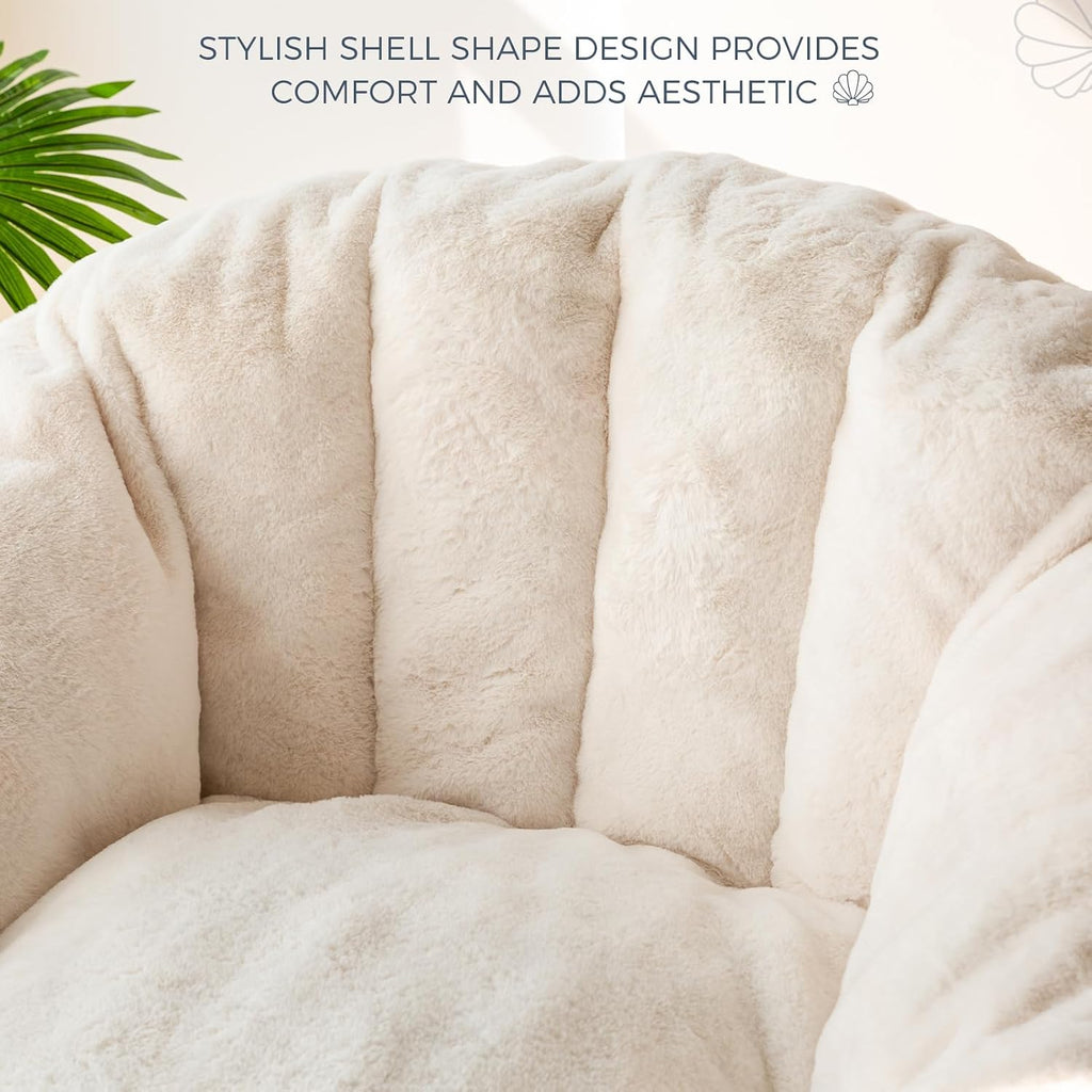 MAXYOYO Giant Bean Bag Chair, Oversized Bean Bag Couch for Adults and Kids, Faux Fur Shell-Shaped Large Chair with Filler, Stuffed Big Accent Sofa Lounge Floor Sofa for Reading, Beige, Standard