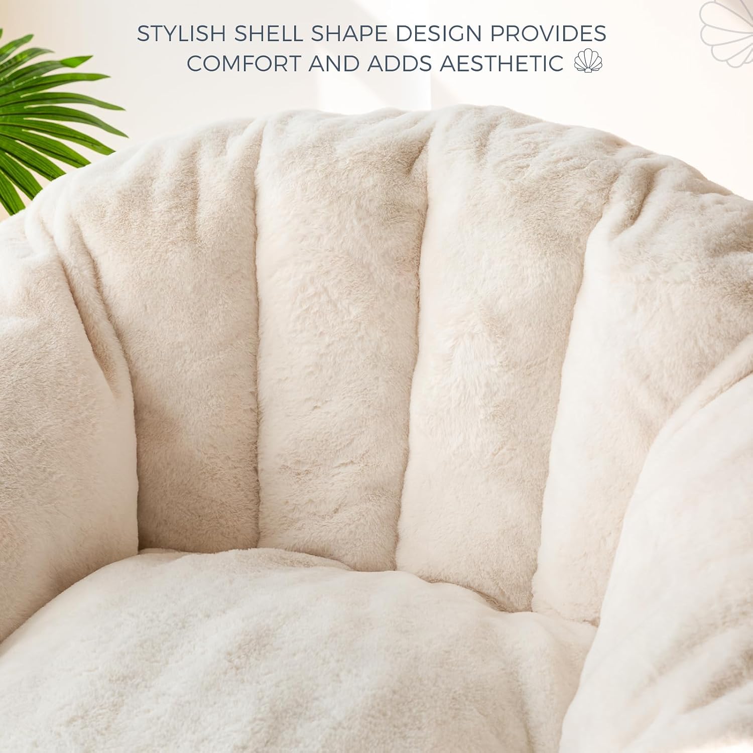 MAXYOYO Giant Bean Bag Chair, Oversized Bean Bag Couch for Adults and Kids, Faux Fur Shell-Shaped Large Chair with Filler, Stuffed Big Accent Sofa Lounge Floor Sofa for Reading, Beige, Standard
