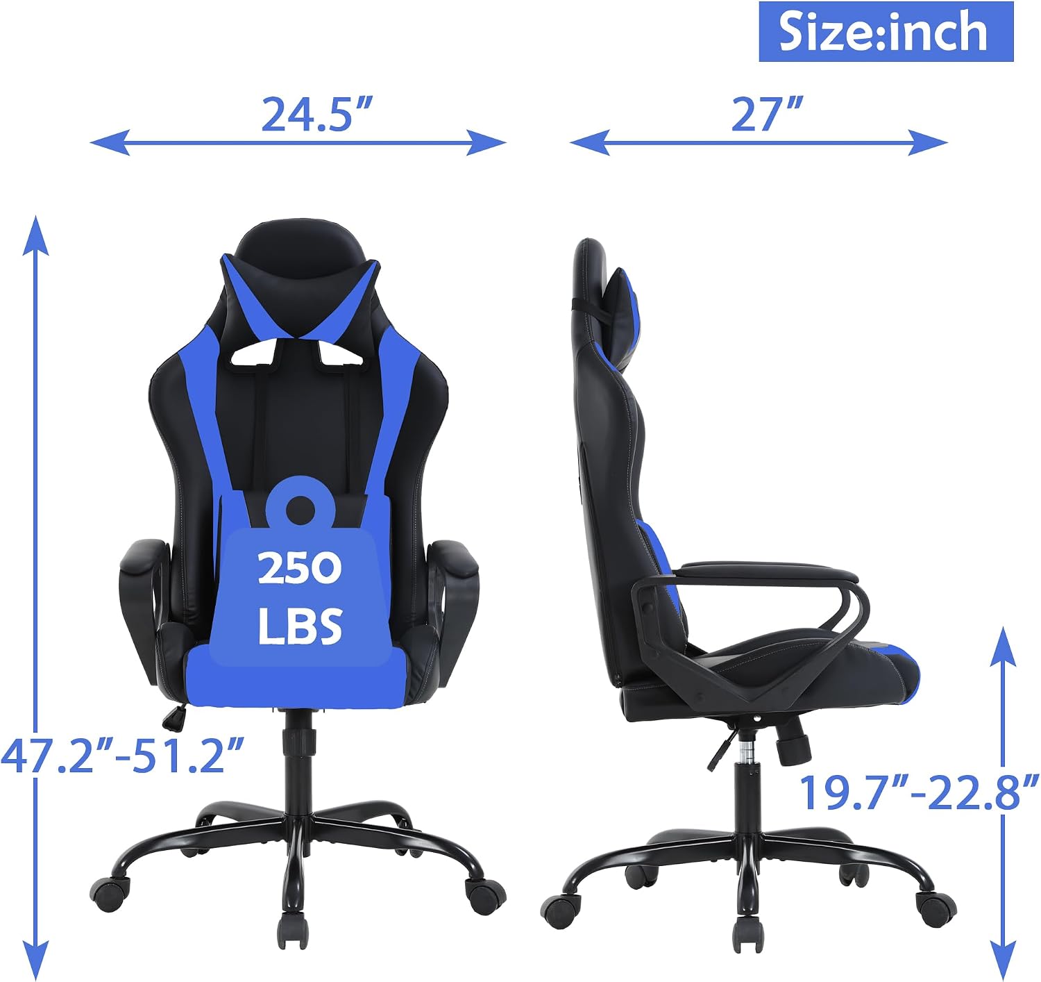 Video Game Chair Gaming Chair Computer High Back Office Desk Chair with Lumbar Support Adjustable Swivel Reclining Rolling PU Leather Game Chairs (Blue)