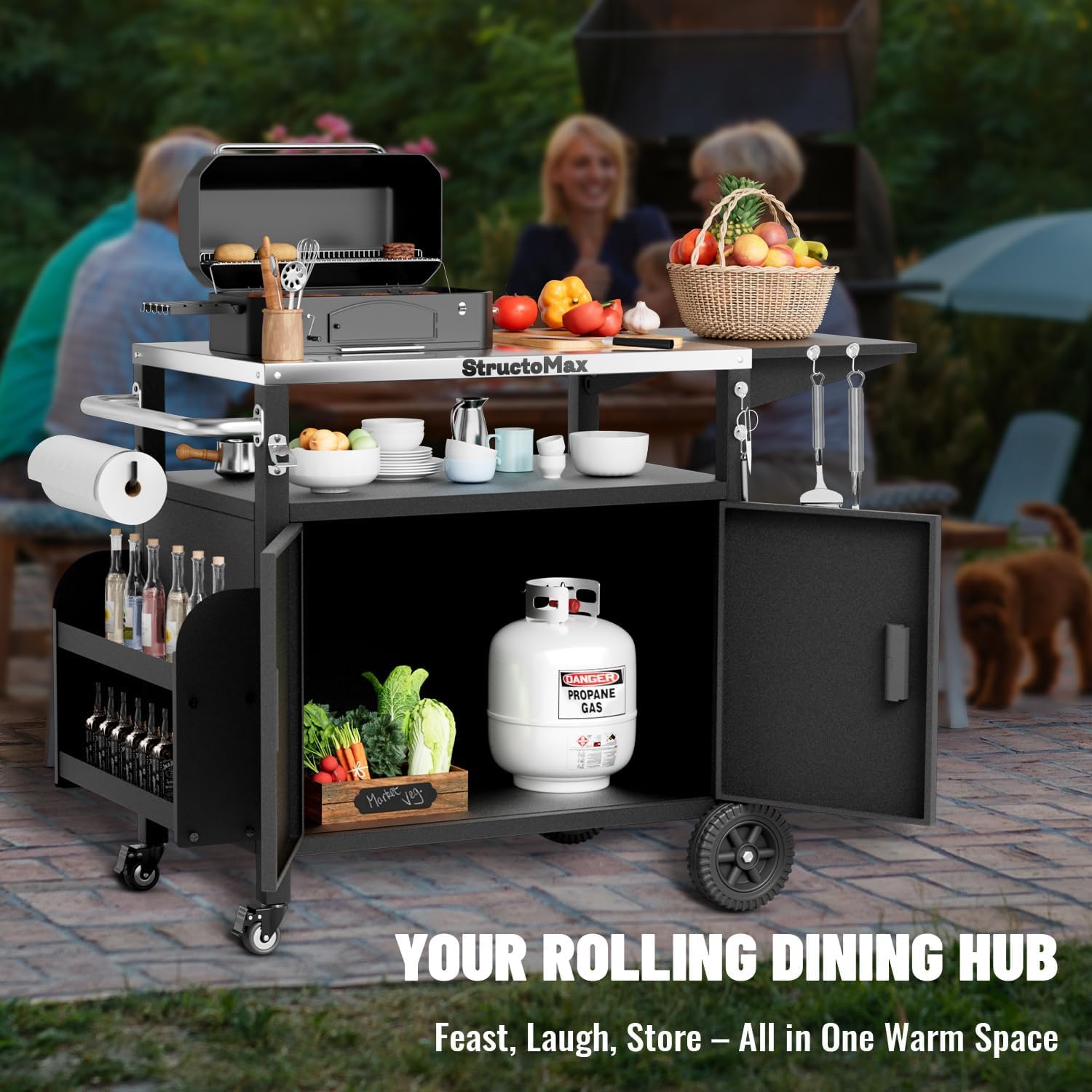XL Outdoor Grill Cart with Cabinet, Extra-Wide Stainless Steel Table Top, Large Spice Rack & Lockable Wheels, Outdoor Kitchen Island Grill Table for BBQ, Cooking & Prep