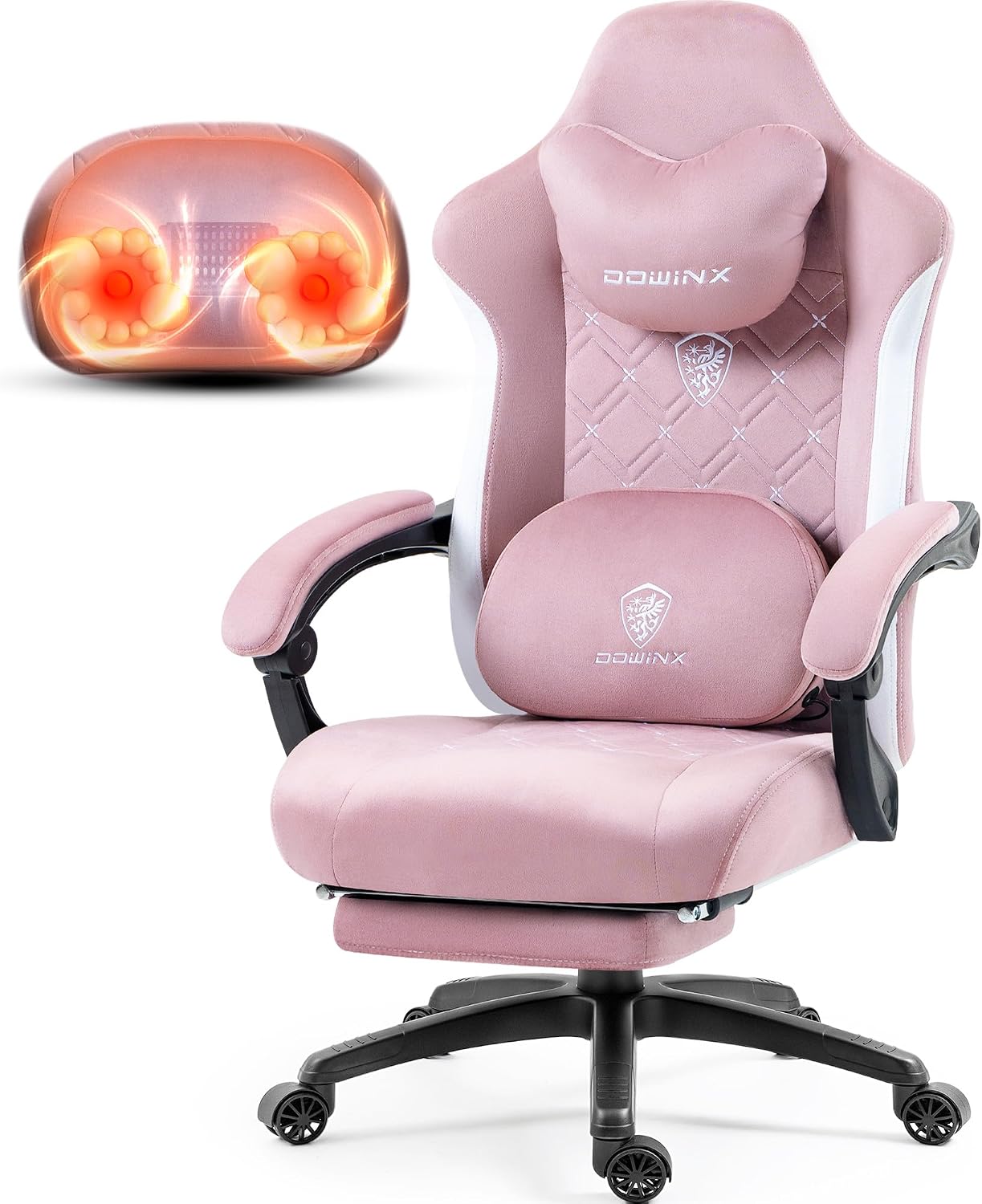 Dowinx Fabric Gaming Chair with Heated Massage Lumbar Support, Computer Game Chairs for Adults, Big Tall Gamer Chair with Pocket Spring Cushion and Footrest, Recliner Gaming Chairs for Adult,Pink