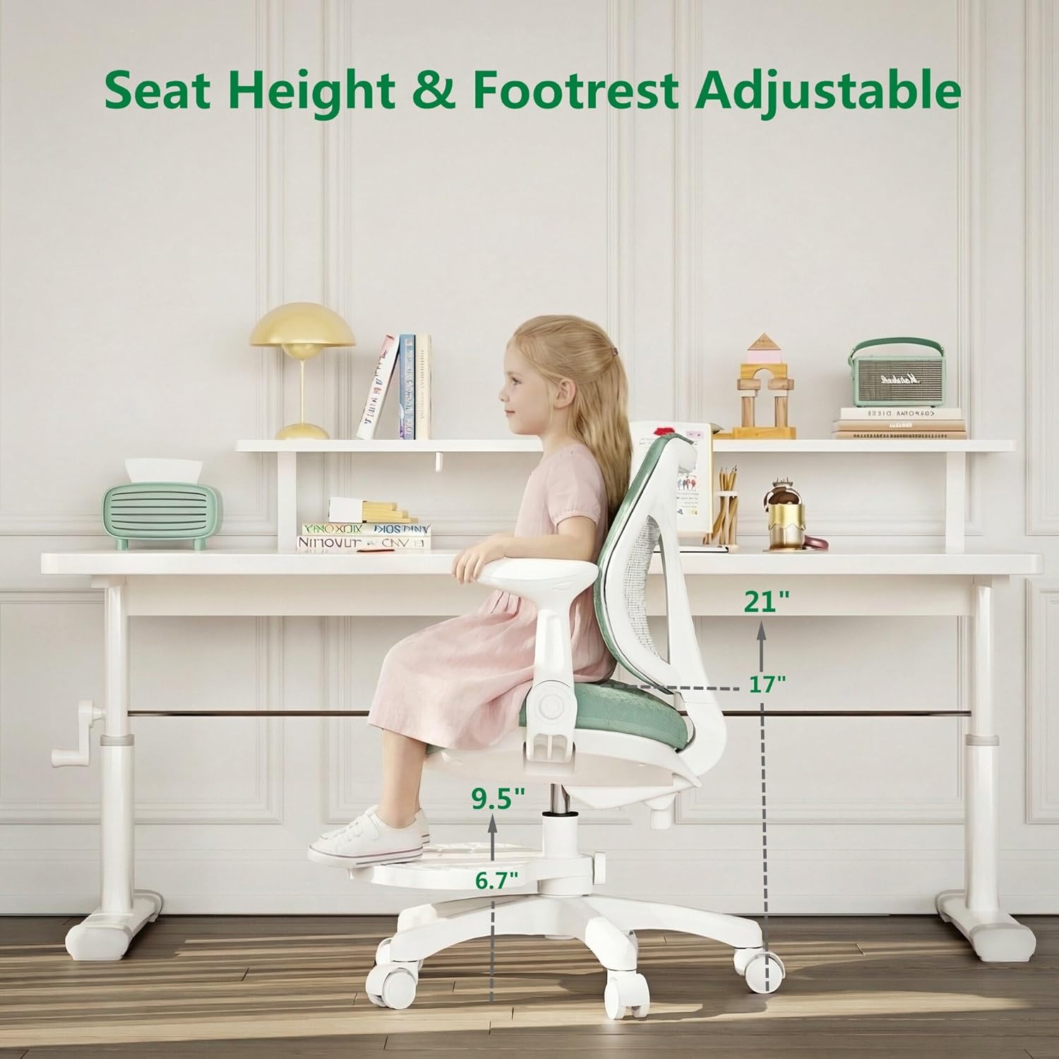 Desk Chair, Ergonomic Study Chair for Kids with Lumbar Support and Footrest, Adjustable Height, Flip-Up Armrests, Mesh Student Chair with Adjustable backrest, Model Deer (Mint)