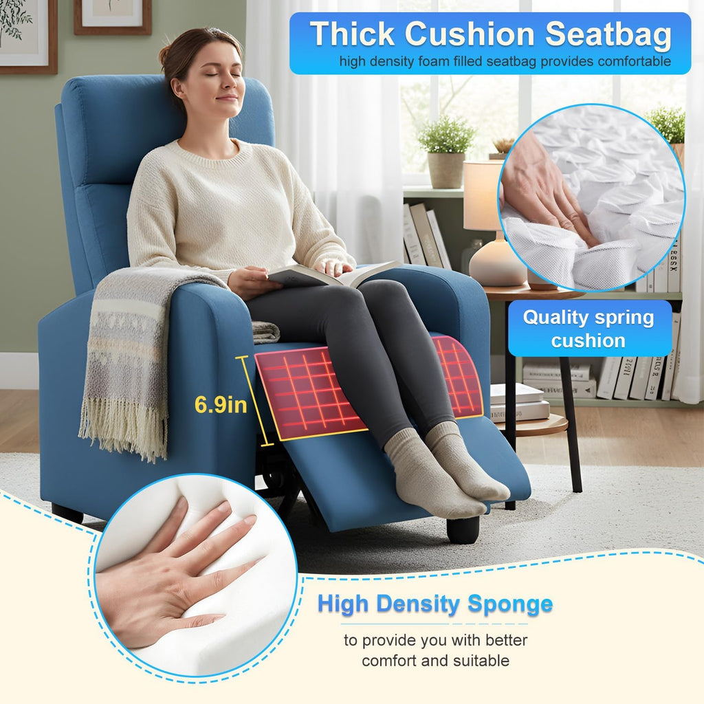 BestMassage | Recliner Chair | No Massage Function | Textile Blue | with Lumbar Support, Adjustable Push Back, Wide Armrests, Footrest & Padded Seat | Easy Assembly | for Living Room, Home Theatre