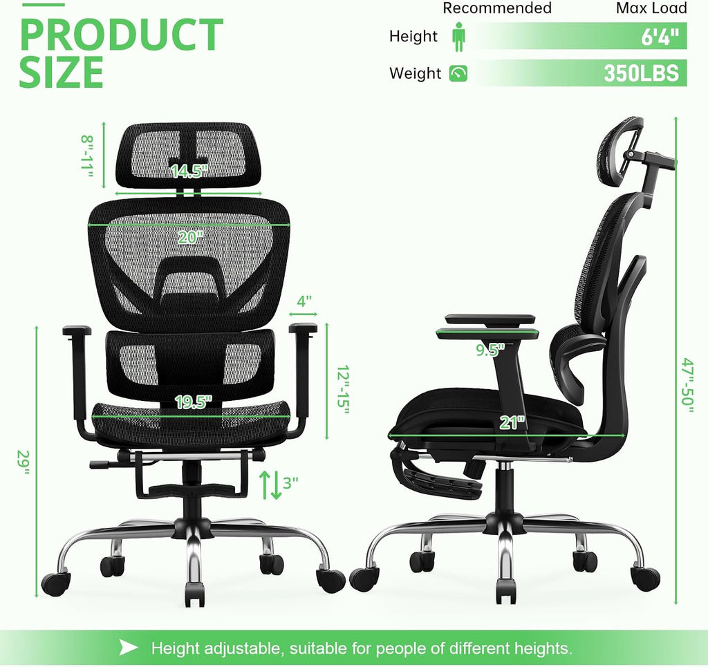Synorla Ergonomic Office Chair with Footrest, Mesh Desk Chair with 135° Recline, Adjustable Lumbar Support, 3D Armrests and Headrest, Swivel Computer Chair for Home Office