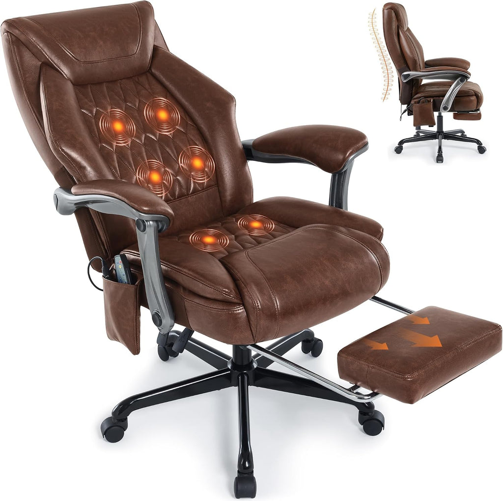 Massage Office Chair with Heat & Footrest, Ergonomic Reclining Executive Desk Chairs with 6-Point Vibration, PU Leather Computer Chair for Home Office or Gaming