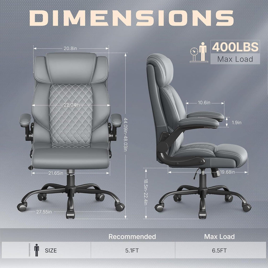 Office Chair-Executive High Back Breathable Big and Tall Office Chair Flip-up Armrests Lumbar Support-Ergonomic Leather Rolling Swivel Chair with Rock Function for Working Studying Gaming,Gray