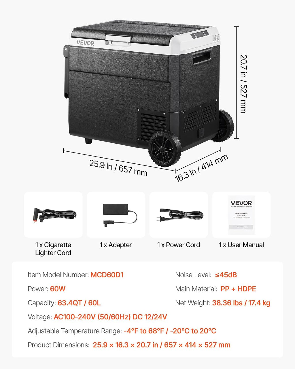 VEVOR 12 Volt Car Refrigerator, 63.4QT/60L Car Fridge, Portable Electric Cooler with Wheels and Handle, -4℉~68℉, 12/24V DC and 100-240V AC Compressor Freezer for Outdoor, Camping, Travel, RV