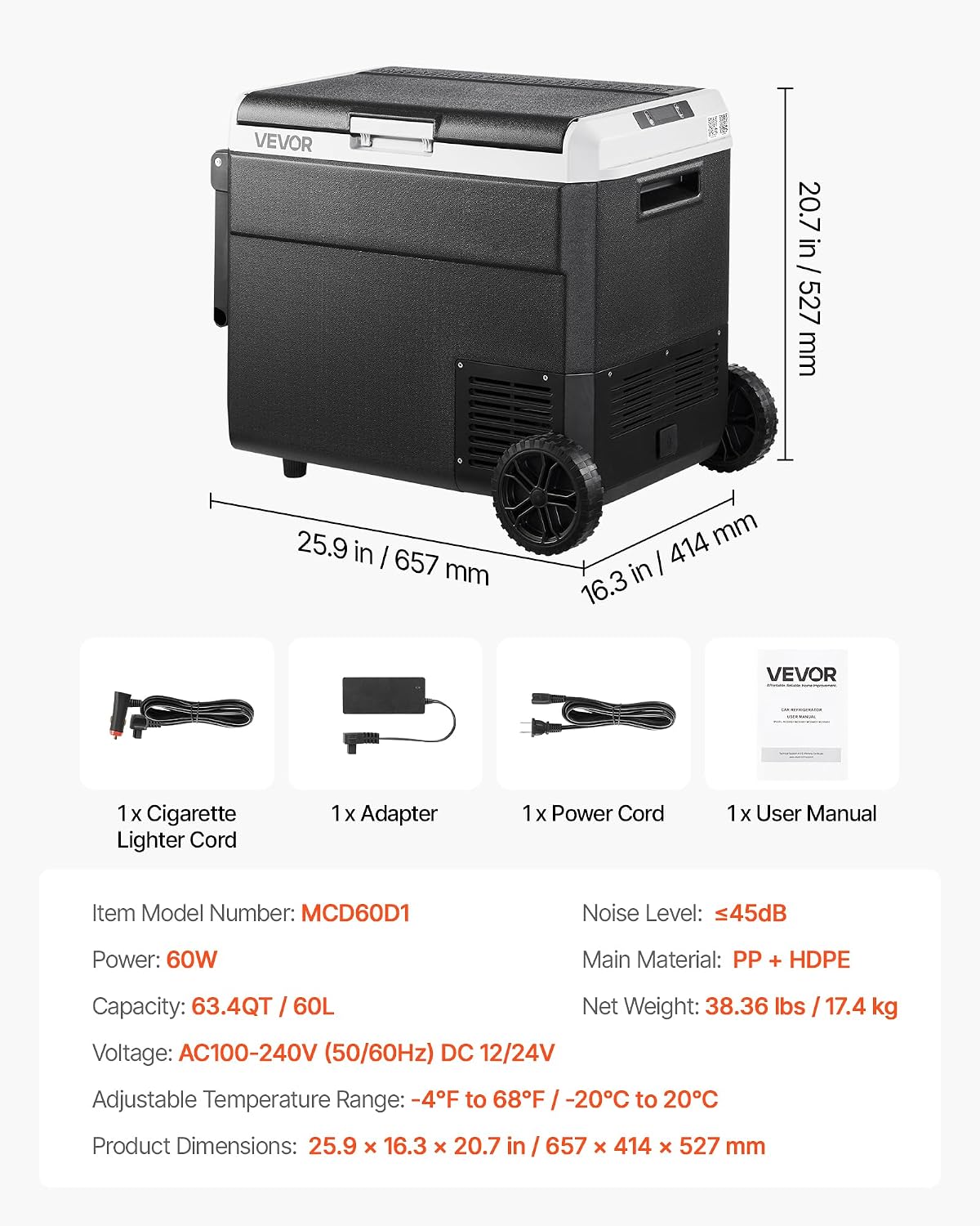 VEVOR 12 Volt Car Refrigerator, 63.4QT/60L Car Fridge, Portable Electric Cooler with Wheels and Handle, -4℉~68℉, 12/24V DC and 100-240V AC Compressor Freezer for Outdoor, Camping, Travel, RV