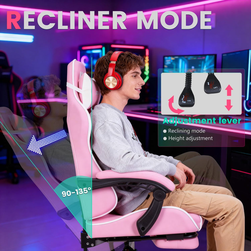 Gaming Chair Office Chair Desk Chair with Footrest Lumbar Support Headrest Armrest Task Rolling Swivel Ergonomic E-Sports Adjustable PC Gamer Chair(Pink)