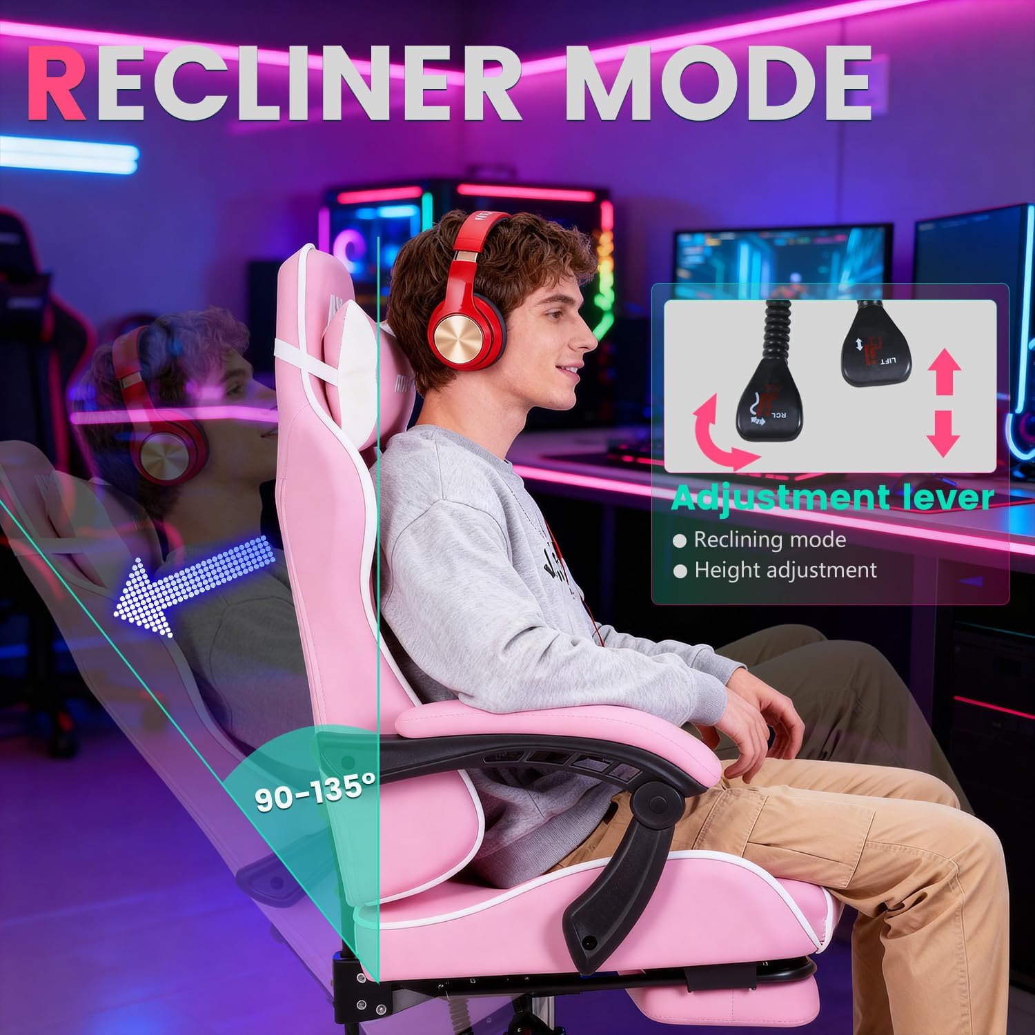 Gaming Chair Office Chair Desk Chair with Footrest Lumbar Support Headrest Armrest Task Rolling Swivel Ergonomic E-Sports Adjustable PC Gamer Chair(Pink)