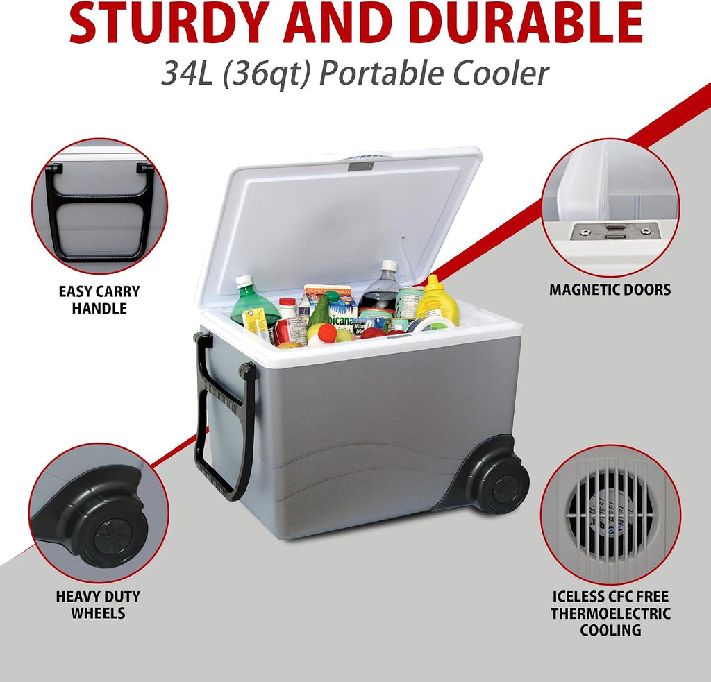 Koolatron Thermoelectric Iceless 12V Cooler/Warmer 36 qt (34 L) w/Wheels, Portable Electric Rolling Car Fridge w/ 12 Volt DC Power Cord, Gray/White, Travel Road Trips Camping, Made in North America