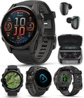 Garmin Fenix 8 – 43 mm Sapphire, AMOLED Multisport GPS Smartwatch, Carbon Gray DLC Titanium with Black/Pebble Gray Silicone, Built-in LED Flashlight, Voice Control Black Earbuds Bundle