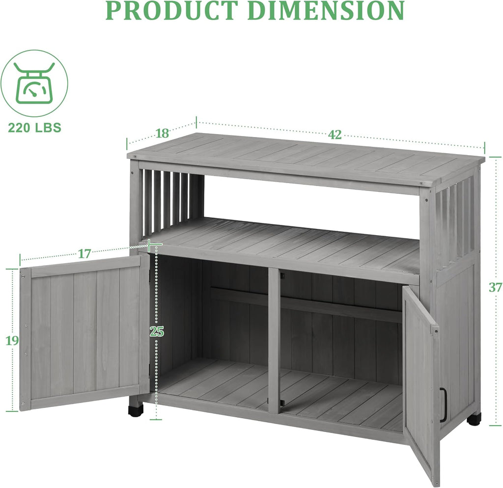 Outdoor Potting Bench with Storage Cabinet, Wood Workstation for Outdoor Patio, Garden (Grey, 42×18×37')