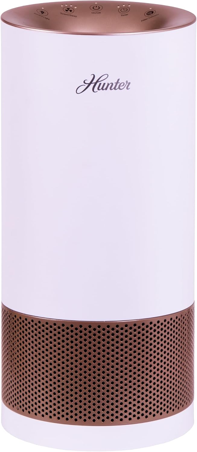 Hunter HP400 Round Air Purifiers for Home, True HEPA Air Purifier Tower for Pets, Odors, Allergens, Smoke, Dust, VOC's. HEPA Air Purifiers for Bedroom and Small Room. White and Rose Gold