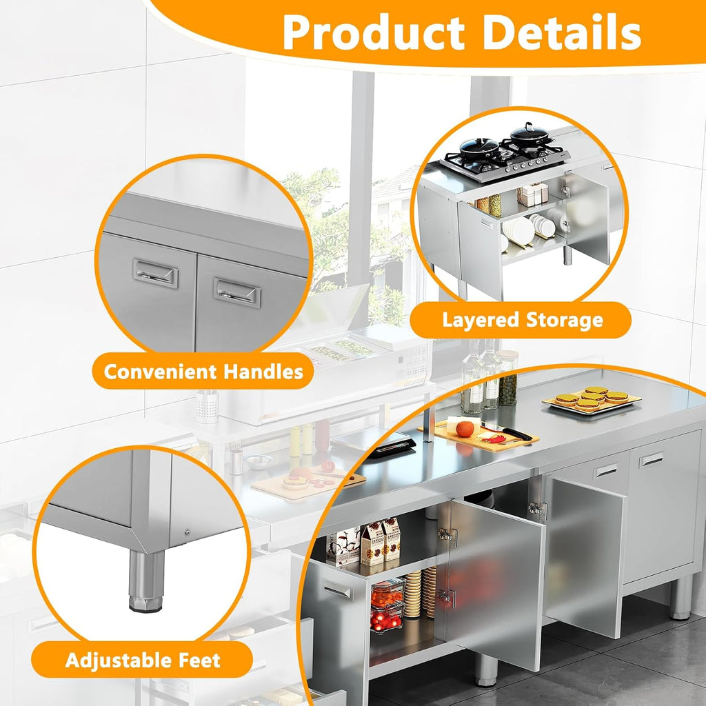 WWK 70' x 21' Stainless Steel Table with Cabinet, Commercial Kitchen Table for Prep & Work, Heavy Duty Work Cabinet with 5 Doors for Outdoor, Kitchen, Restaurant, Hotel, Garage and Cafe