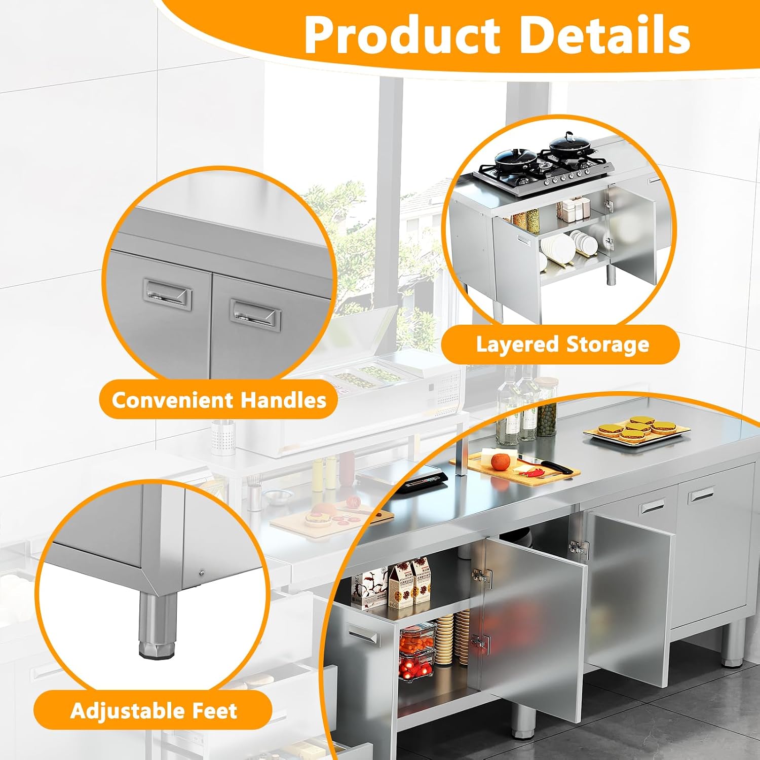 WWK 70' x 21' Stainless Steel Table with Cabinet, Commercial Kitchen Table for Prep & Work, Heavy Duty Work Cabinet with 5 Doors for Outdoor, Kitchen, Restaurant, Hotel, Garage and Cafe