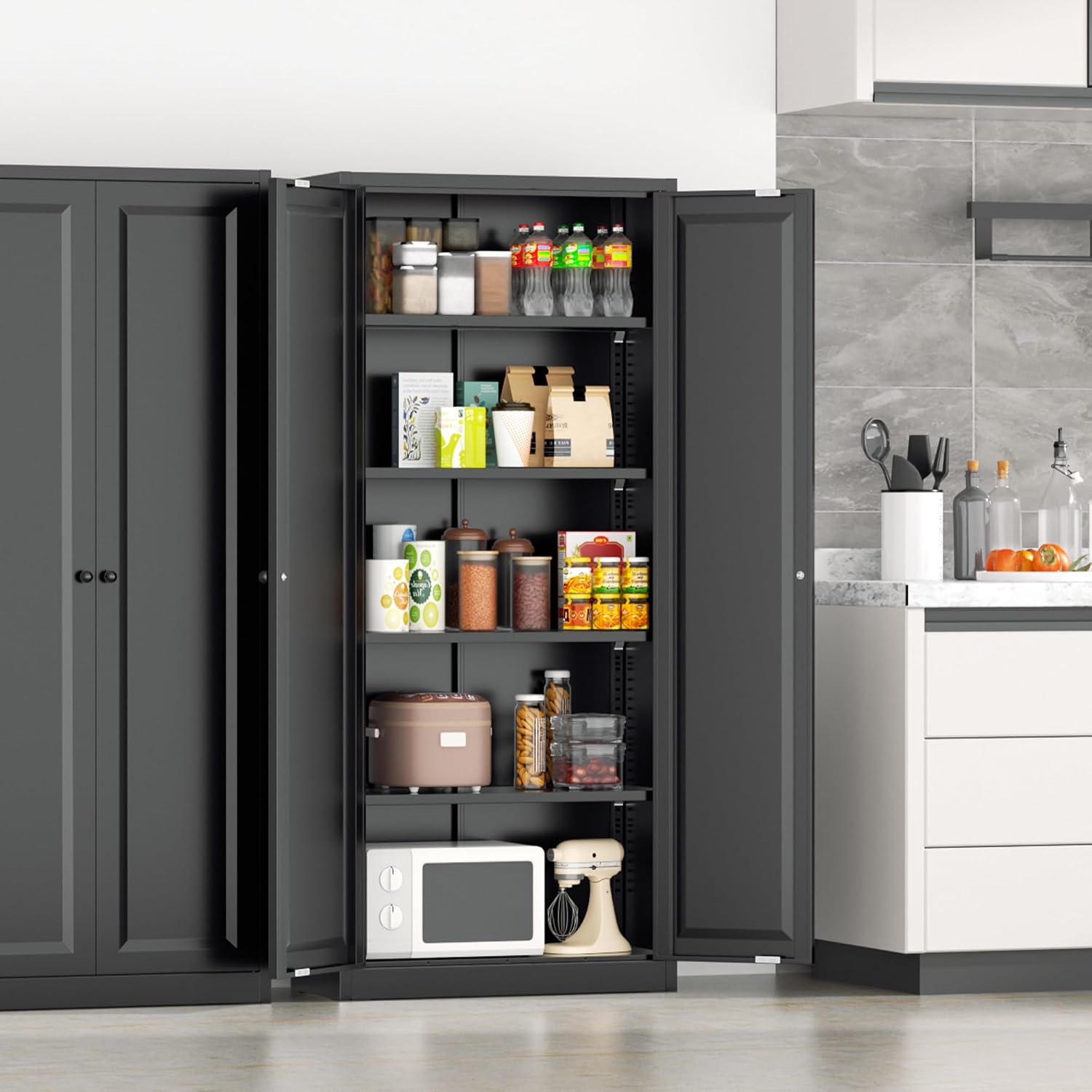 Greenvelly 63' H Black Metal Pantry Storage Cabinet, Locking Metal Cabinet with 4 Adjustable Shelves and 2 Doors for Kitchen, Home, Garage, Pantry