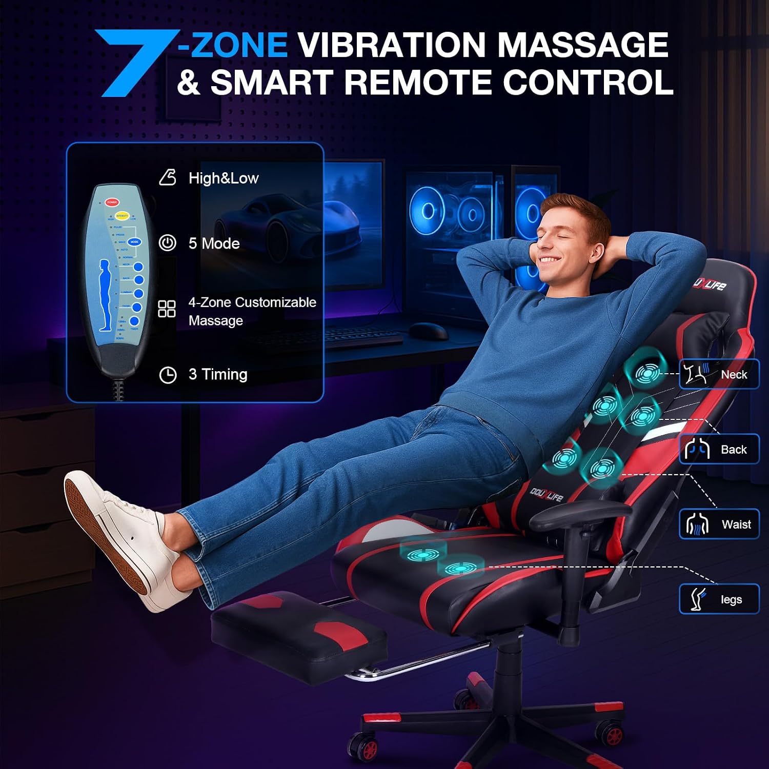 Douxlife 7-Point Massage Gaming Chair with Footrest, 400lbs Heavy Duty Ergonomic Computer Chair, 175° Reclining High Back Racing Seat for Adults with Adjustable Armrests & Lumbar Support, Red