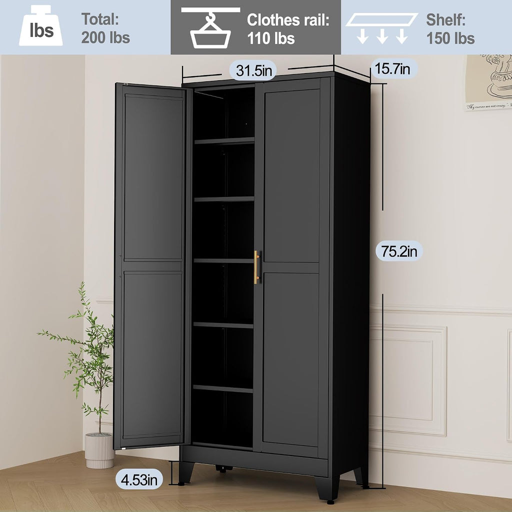 Black Metal Storage Cabinet,75' Steel Cabinets for Home Office, Kitchen Pantry Storage Cabinet with Doors and 5 Adjustable Shelves, Tool Cabinets, for Office, Home, Garage, School