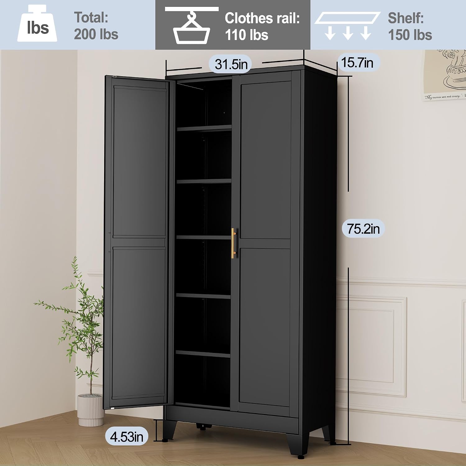 Black Metal Storage Cabinet,75' Steel Cabinets for Home Office, Kitchen Pantry Storage Cabinet with Doors and 5 Adjustable Shelves, Tool Cabinets, for Office, Home, Garage, School