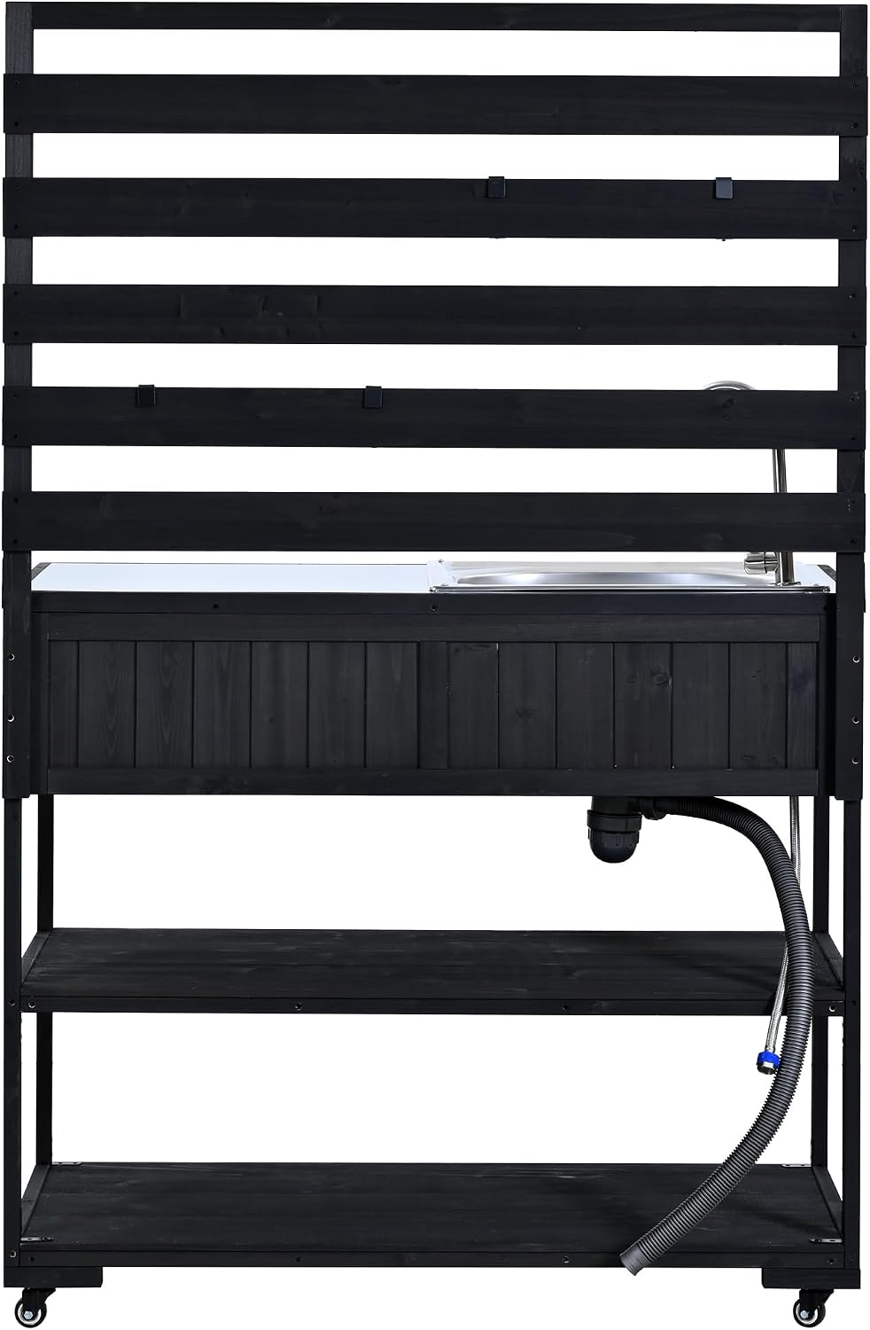 41.7'' Large Patio Rolling Kitchen Island Solid Wood Kitchen Cart with Sink, Garden Potting Bench with Stainless Table Top, 2 Movable Shelves and 1 Bottle Opener (Black-41.7'')