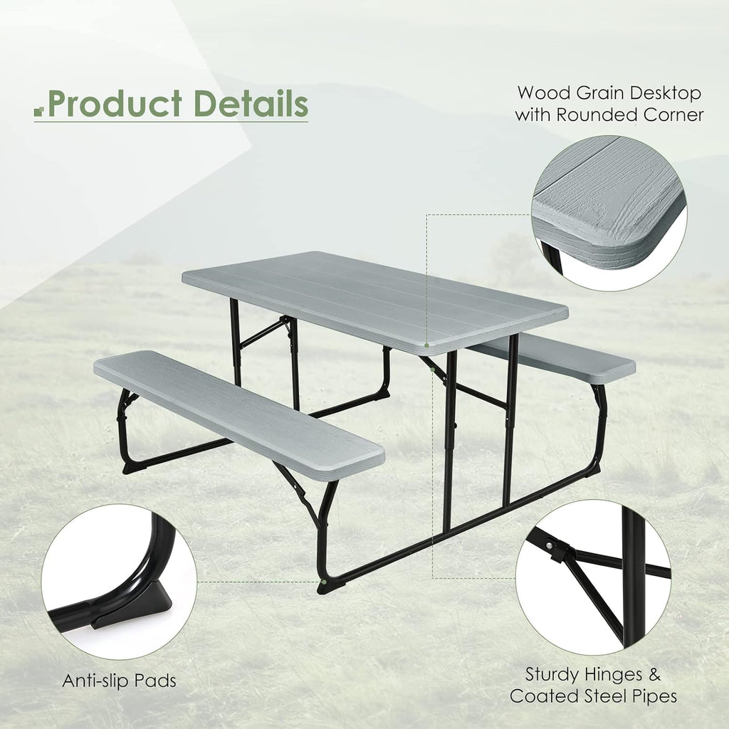 Giantex Folding Picnic Table Bench Set, Outdoor Dining Table Set, Large Camping Table for Patio Lawn Garden Poolside, Portable Picnic Tables, Weather Resistant Metal Frame (Folding Legs Design, Gray)