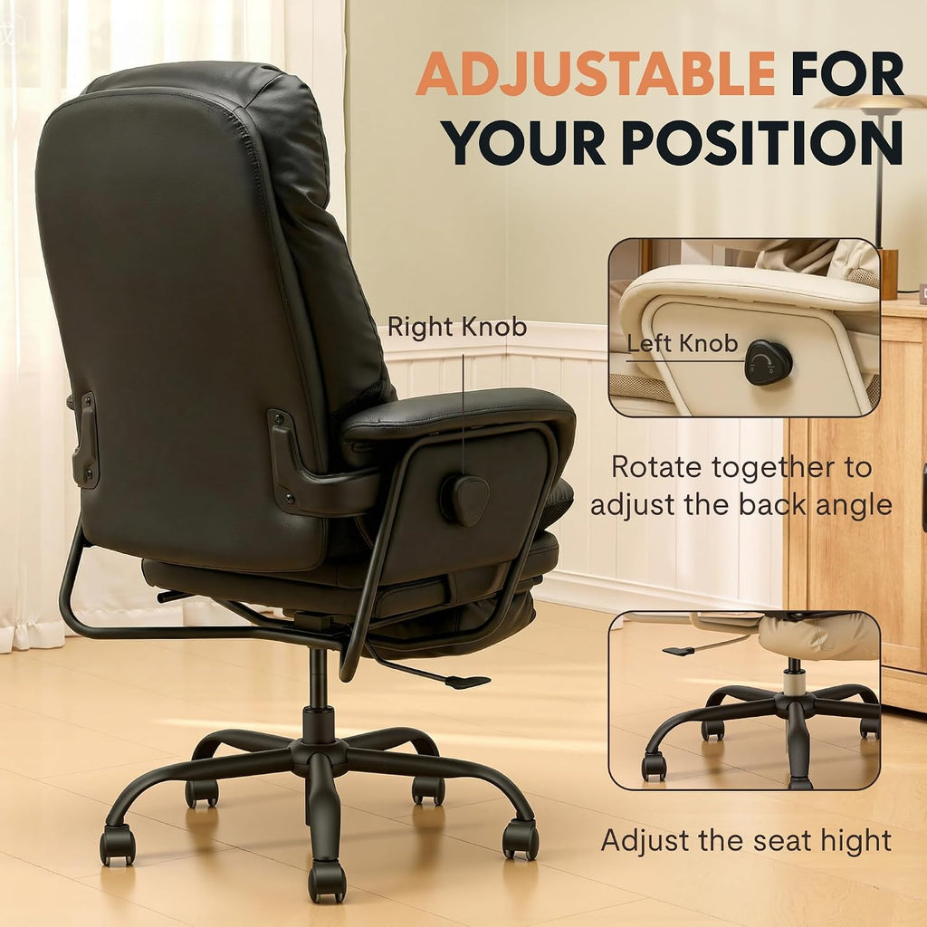 FLEXISPOT Ergonomic Office Chair with Footrest 90-165° Reclining High Back Desk Chairs Indoor Lounge Chair with Wheels Lumbar Support Pillow, Chairs for Working Relaxing Cross Legged, Leather, Black
