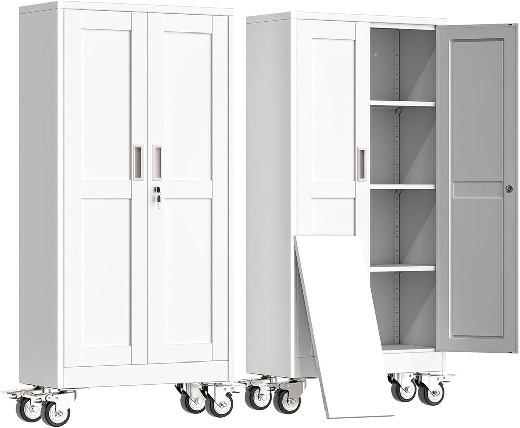 erosoei 61' H Metal Garage Storage Cabinet, Rolling Tool Cabinet with 2 Doors and Wheels, Locker Steel Cabinet with 3 Adjustable Shelves, Organization Cabinet for Garage,Office,Home,Gym,School（White）