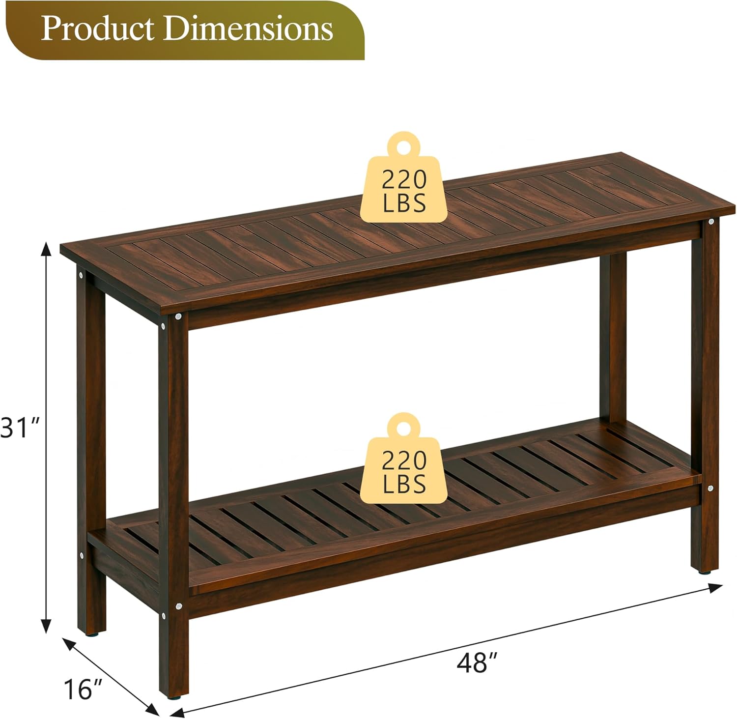 SUPER DEAL All-Weather Patio Bar Table Entry Console Table, 2-Shelf 48 inch Solid Wood Indoor Outdoor Multifunctional Buffet Storage Organizer with Adjustable Feet, Espresso