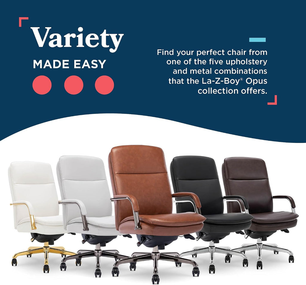 La-Z-Boy Opus Executive Mid-Back Office Chair, Channel-Tufted Seat and Back, Double-Layer Cushion, Padded Arms, Ergonomic Computer Desk Chair, Swivel Metal Base, Bonded Leather, Cognac and Graphite