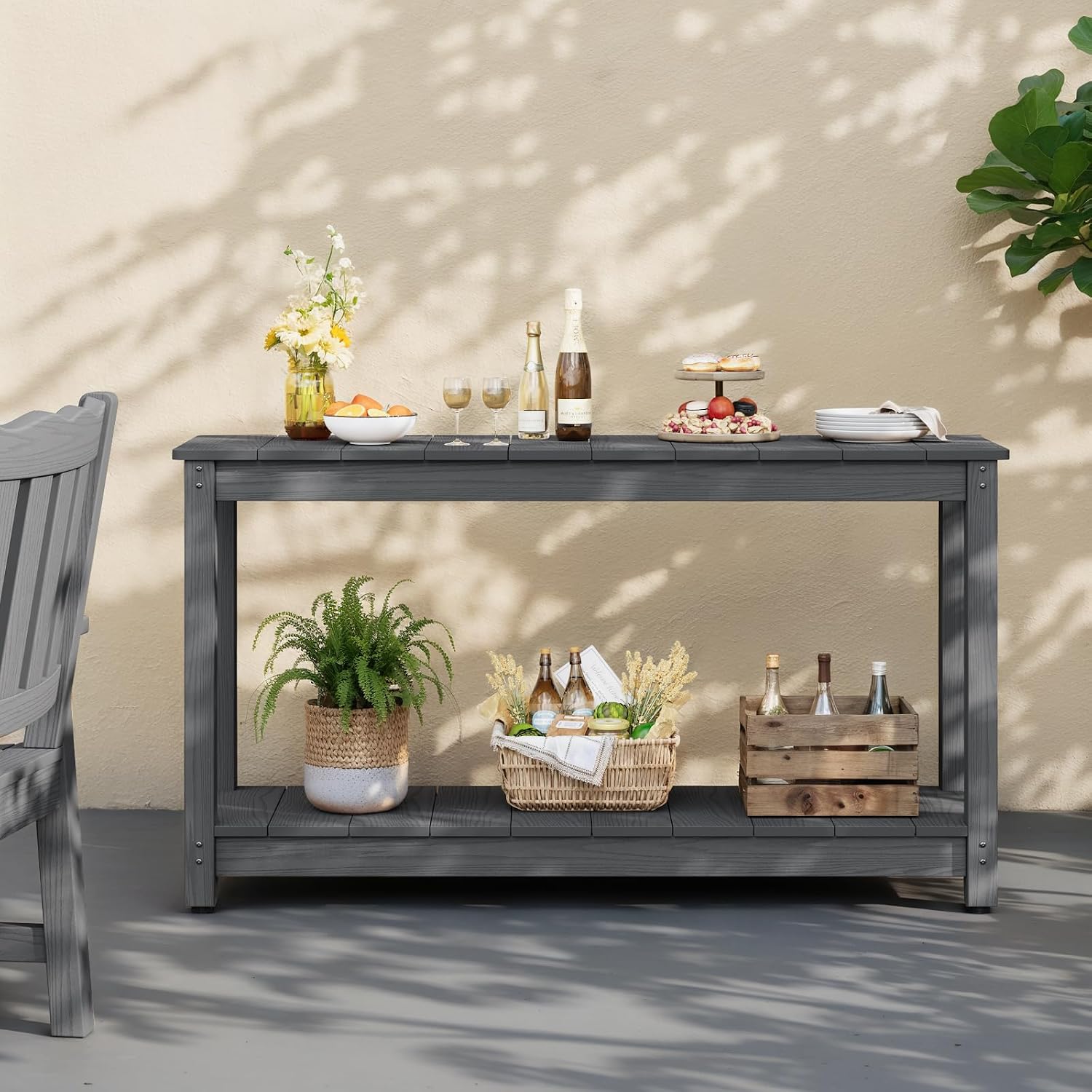 Stoog All-Weather Console Table, 2-Tier Patio Console Table Outdoor with Storage, Low Maintenance, and Never Fade or Rot, Grey