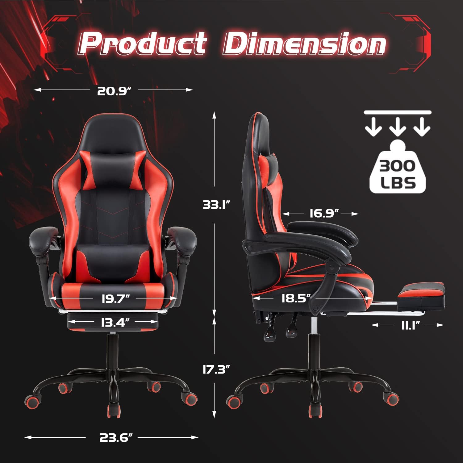 Shahoo Gaming Chair, Video Gaming Chair with Footrest and Lumbar Support, Ergonomic Computer Chairs with 360° Swivel and Height Adjustable, Spin Chair with Headrest for Home Office, Study Room (Red)