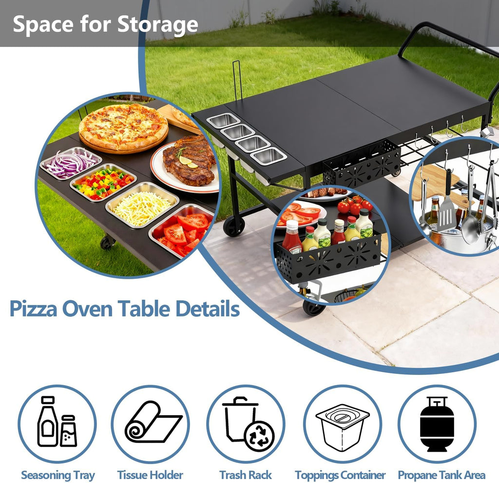 47' Outdoor Pizza Oven Table with Wheels, Pizza Oven Cart for Outside with Propane Tank Holder, Heavy Duty Pizza Oven Stand Prep Table for BBQ Patio Backyard Cooking
