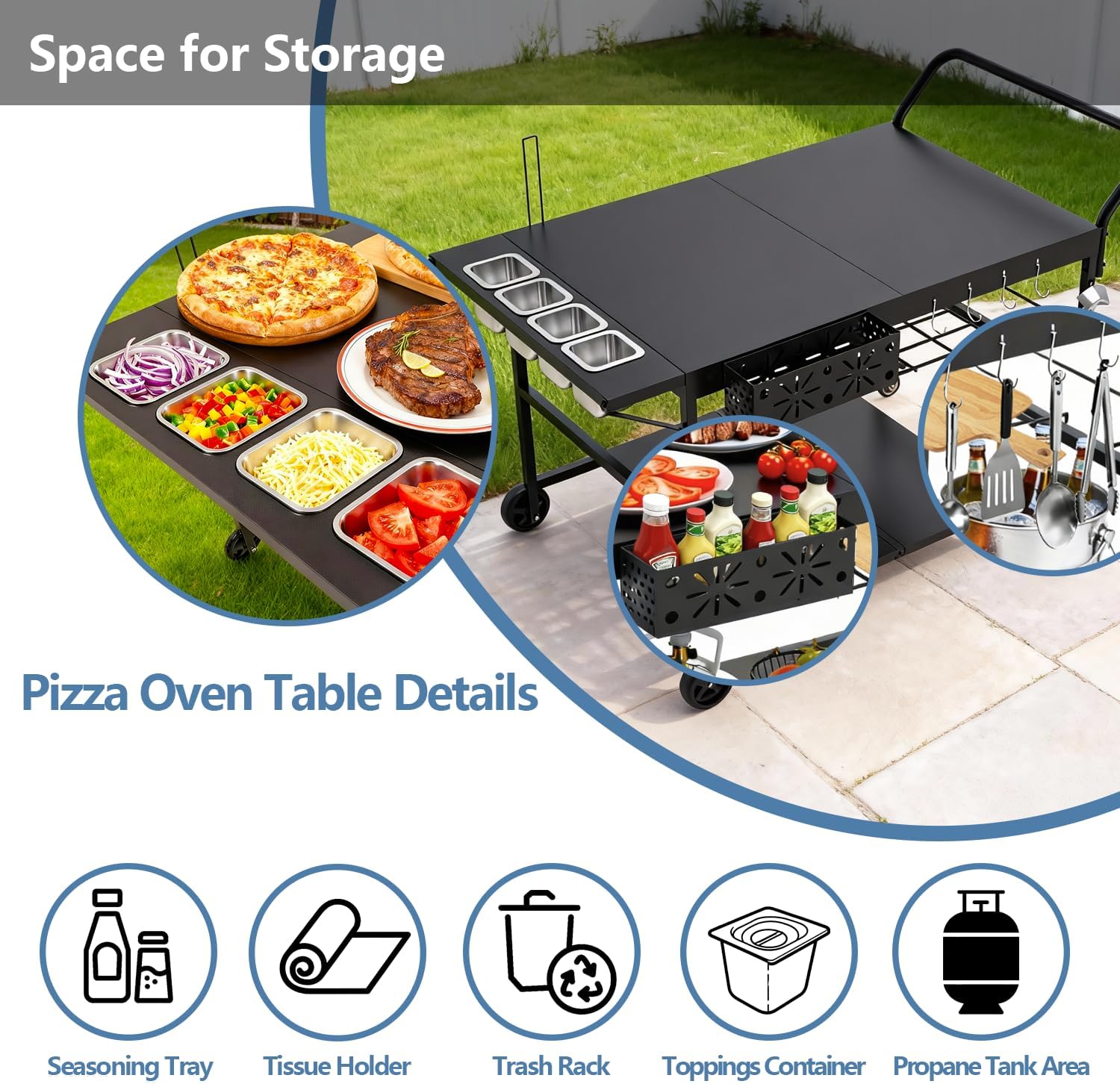 47' Outdoor Pizza Oven Table with Wheels, Pizza Oven Cart for Outside with Propane Tank Holder, Heavy Duty Pizza Oven Stand Prep Table for BBQ Patio Backyard Cooking